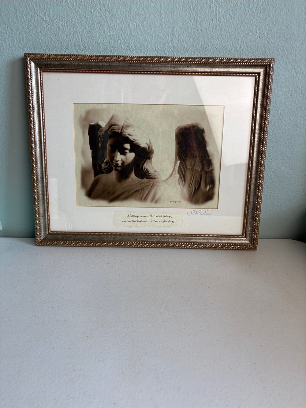 2003 Framed Angel Sculpture Print in Beige and Brown Signed